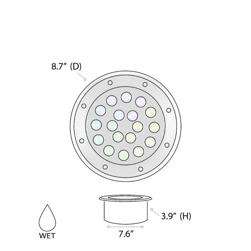 Alcon 9034-18 RGBW Color tunable in-ground can light shown in a silver finish.