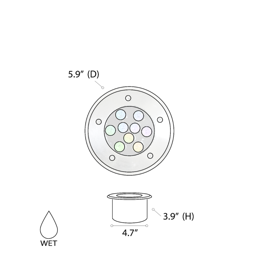 Alcon 9034-9 Color changing in-ground can light shown in a silver finish.