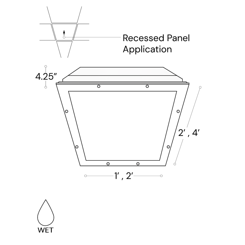 Alcon Lighting Product rendering of the 14081-WET wet-location LED troffer light with a corrosion-resistant white finish. Wet location certified.
