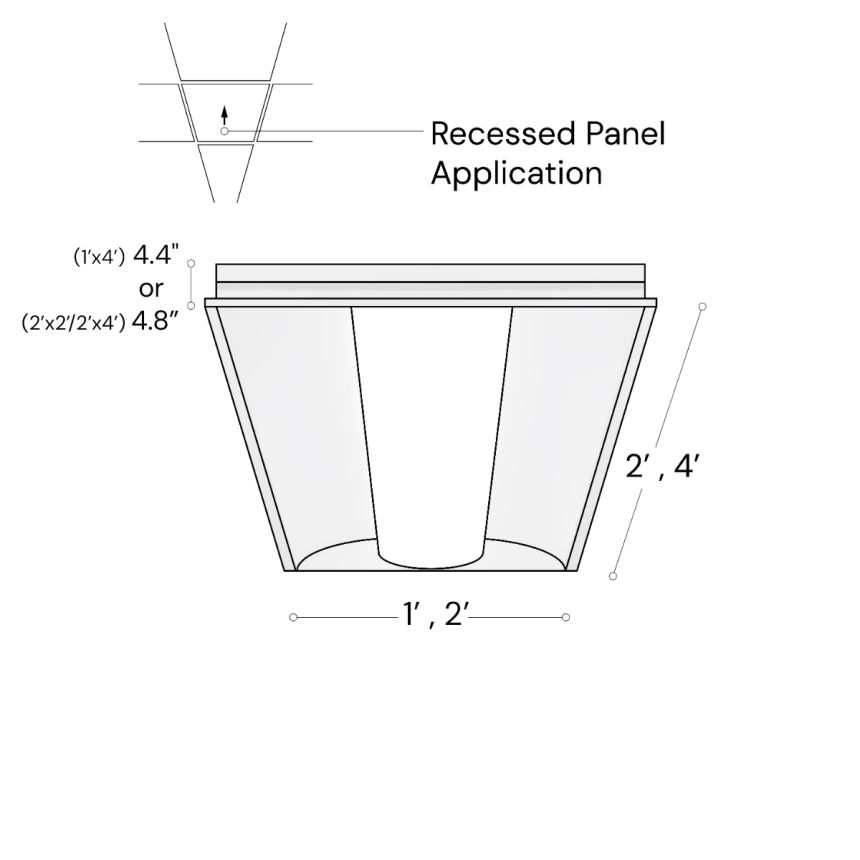 Alcon Lighting Product rendering of the 14150-R recessed center-basket troffer light shown in two-foot by two-foot square size.