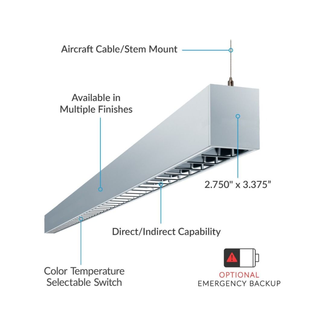 12100-23-P-LVR with aircraft cable/stem mount, direct/indirect, multiple finishes, CCT selection, optional emergency backup