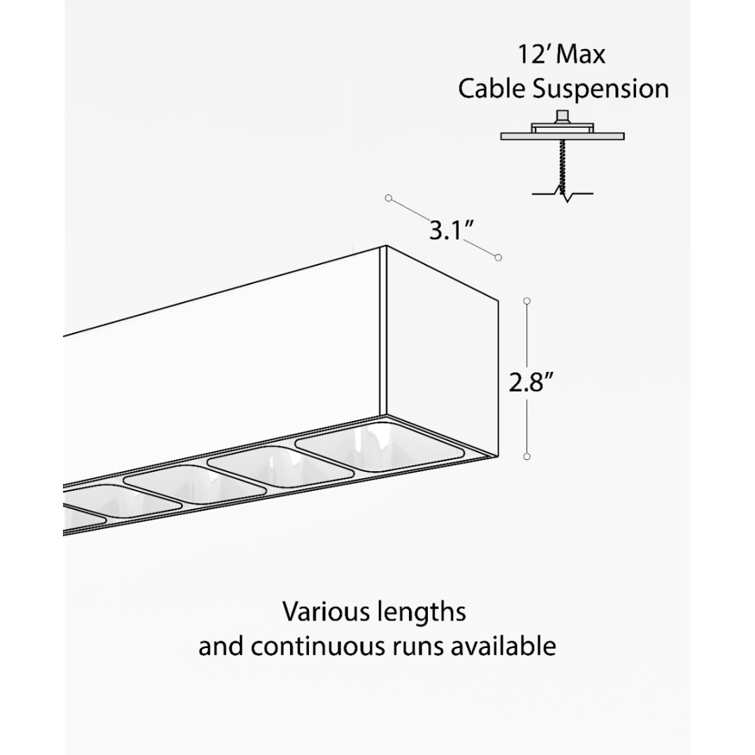 12100-23-LVR line drawing showing 3.1" x 2.8" housing and 12' max cable suspension; various lengths/continuous runs available