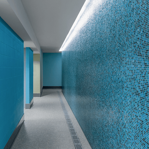 A continuous run cove light fixture delivers indirect illumination along the ceiling-wall junction of an aquatic facility corridor.