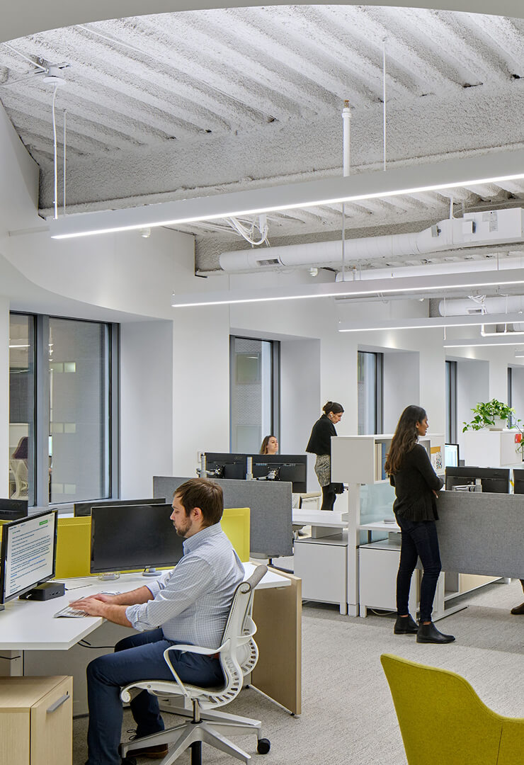Direct/indirect linear pendant lights illuminate an open office with uplight and downlight to support visual comfort and reduce glare.