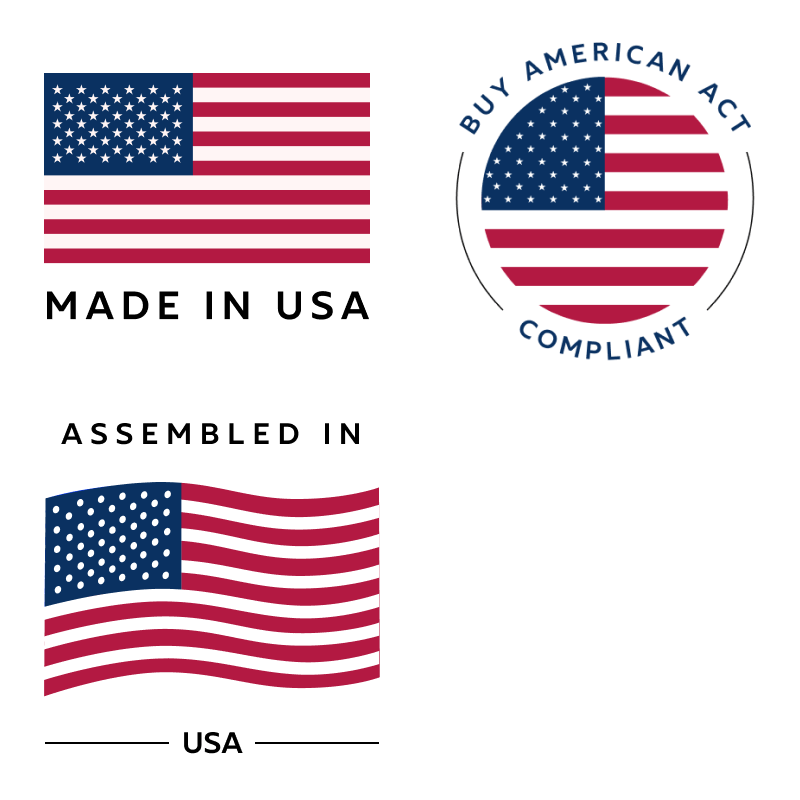 Alcon Lighting's labels for Made in USA, Buy American Act Compliant and Assembled in USA