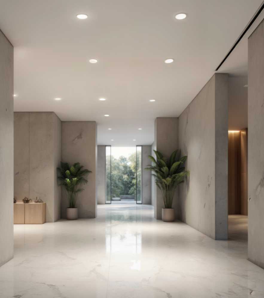 Trimless recessed linear lights and trimless can lights provide general lighting in a lobby corridor.
