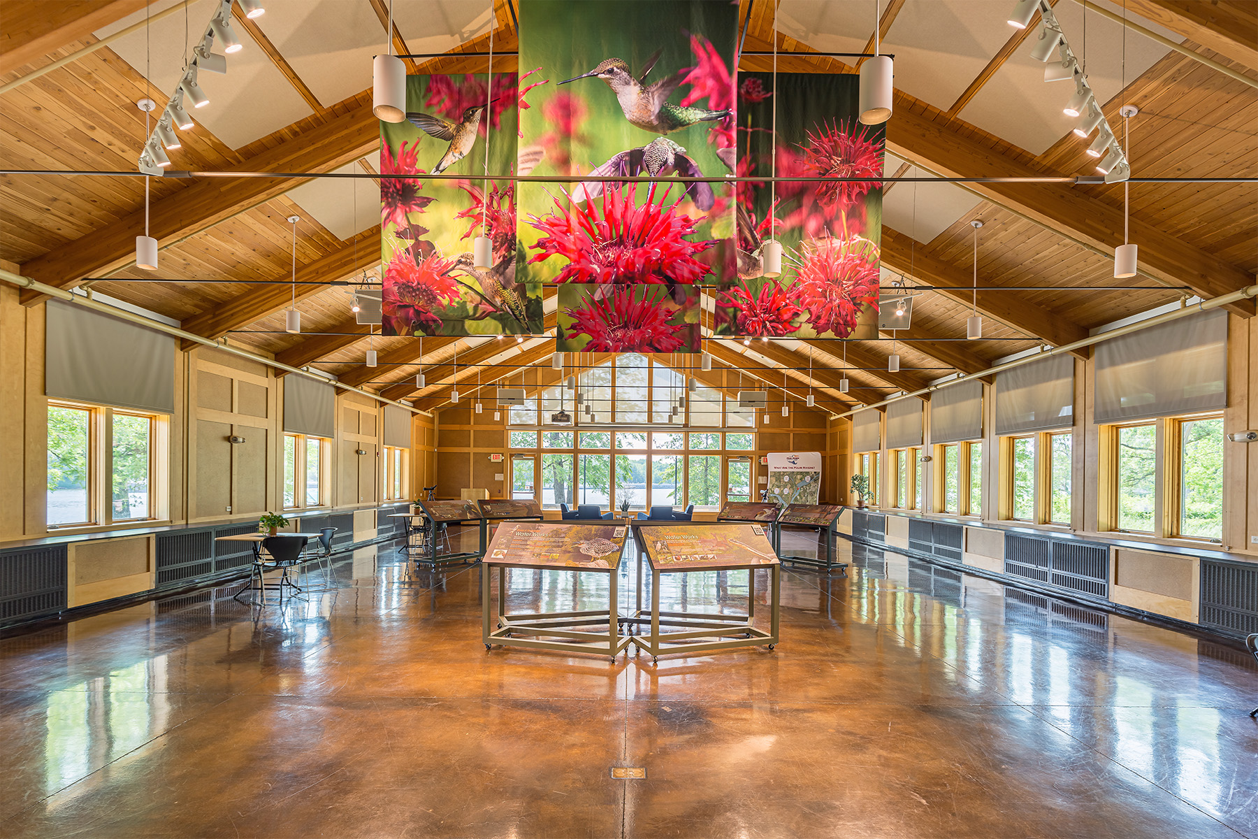 LED track lights with adjustable beam spreads and a 30-40K color temperature switch offer versatile lighting for rotating exhibits in the Four Rivers Environmental Education Center.