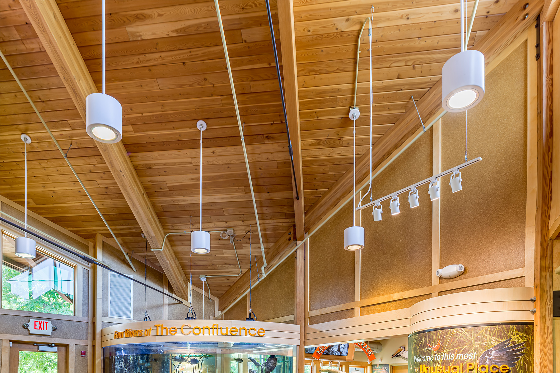 White cylinder downlights provide general lighting in the lobby of the Four Rivers exhibit hall, while LED track lights provide precise lighting for educational exhibits.