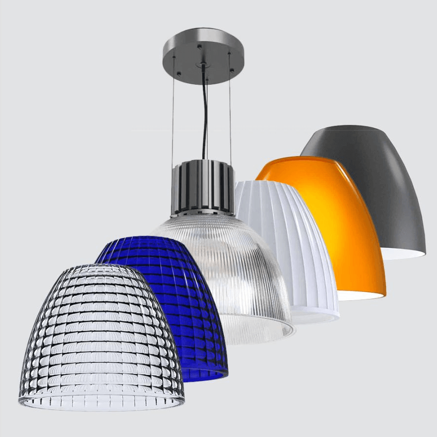 The 15245-12 high bay light by Alcon Lighting offers a choice of nine shades, including a clear or cobalt blue glass refractor, clear prismatic polycarbonate refractor, white glass refractor and amber or powder coat gray diffuser