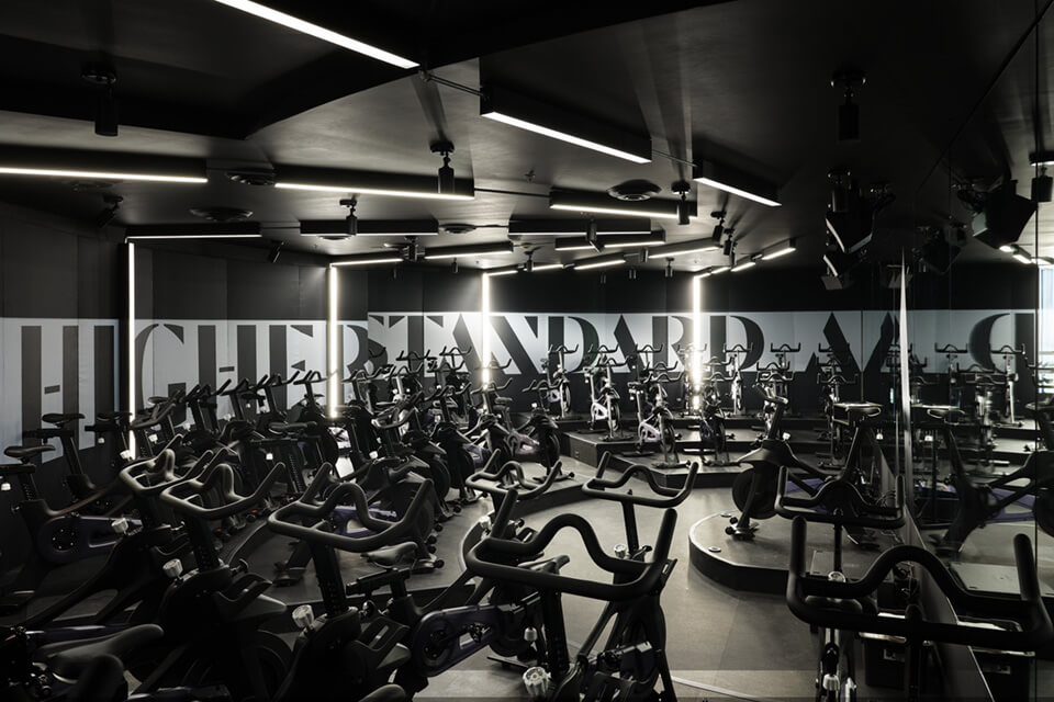 Lights in the spin class of AARMY’s popup studio in West Hollywood to create the feeling of jumping into hyperspace.