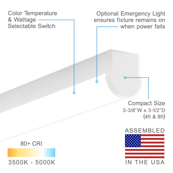 Alcon 11163 Surface-Mounted LED Linear Ceiling Light | Field-Selectable Wattage and Light Color Temperature