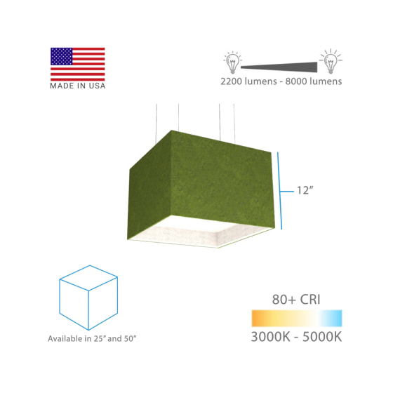 Alcon 11181 acoustic pendant light shown with green finish and square housing with lens
