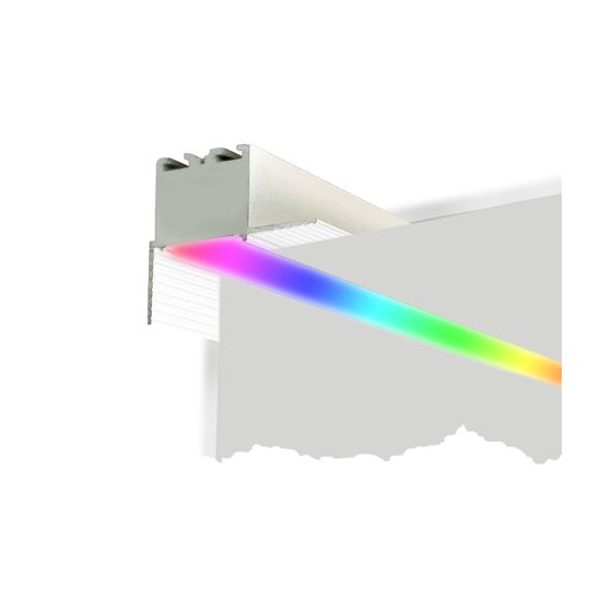 Alcon 12100-10-R-PR-RGBW, recessed linear perimeter ceiling light shown in silver finish, with a flush trim-less lens, and color changing capabilities.
