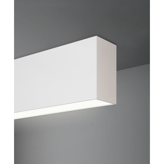Alcon 12100-20-S, surface linear ceiling light shown in white finish and with a flush trim-less lens.