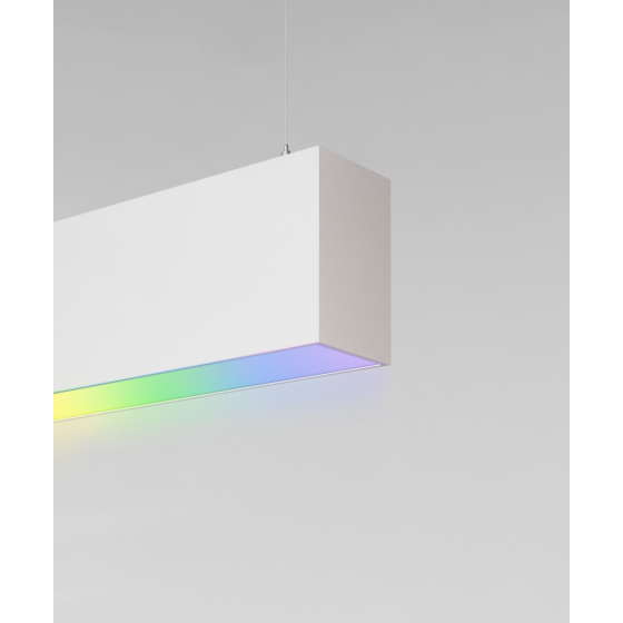 12100-23-P-RGBW suspended pendant light shown with white finish, a flush lens, and color changing capabilities