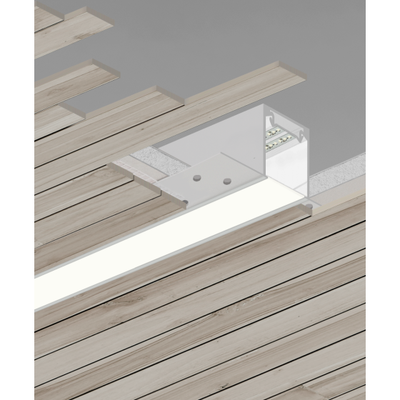 Alcon 12100-23-RTLW, recessed linear ceiling light shown in white finish and with a flush trim-less lens.