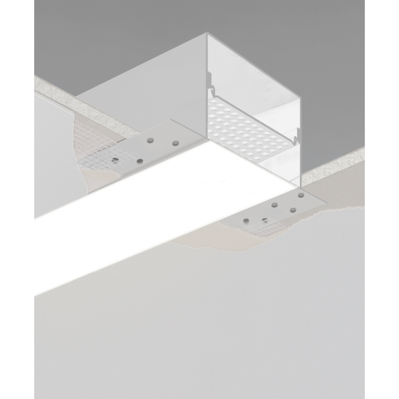 Alcon 12100-66-R, recessed linear ceiling light shown in white finish and with a flush trim-less lens.