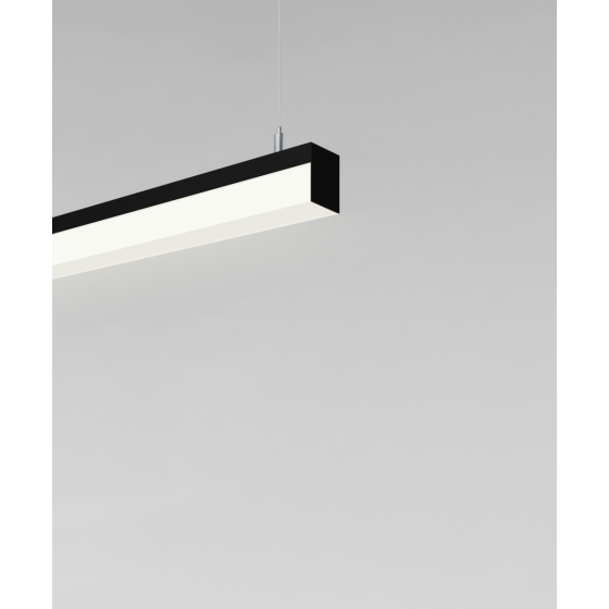 12100-8-P suspended pendant light shown in black finish and with side-wrapping lens