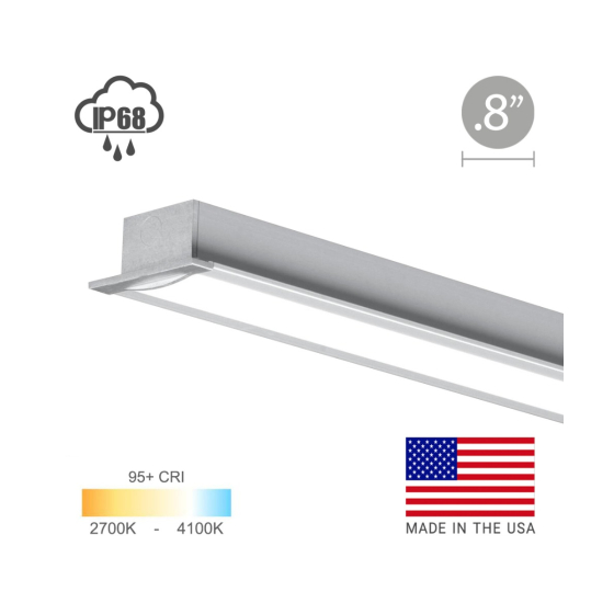 Alcon 12100-8-R, recessed linear wet location ceiling light shown in silver finish and with a flush lens.