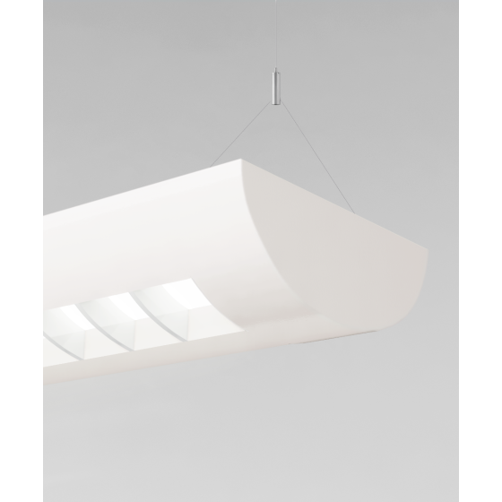 Alcon 12105-P, Half moon shaped pendant light shown in white finish and with white louvers.