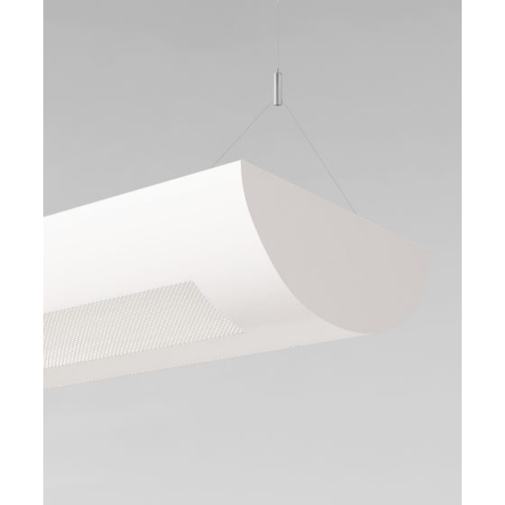 Alcon 12106-P, Half moon shaped pendant light shown in white finish and with white perforated panels, one on each side.