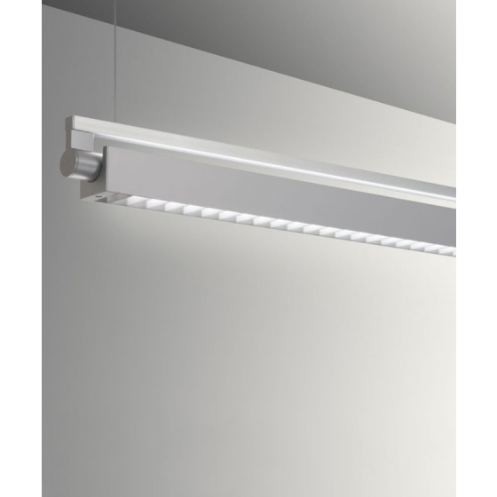 Alcon 12160-P-LDI, suspended linear pendant light shown in silver finish and with a rotating boxed louvered  lens.