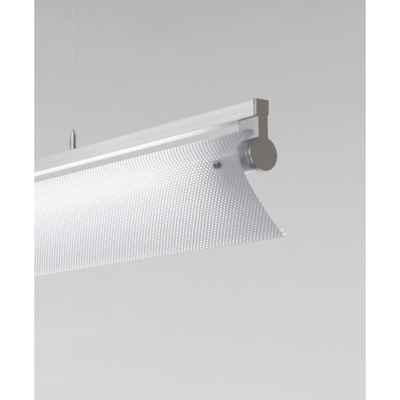 Alcon 12160-P, suspended linear pendant light shown in silver finish and with a rotating cylindrical half-lite lens.