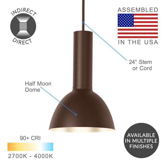Alcon 12302-P-DM Architectural Half-Moon Dome Industrial LED Cylinder Pendant Light