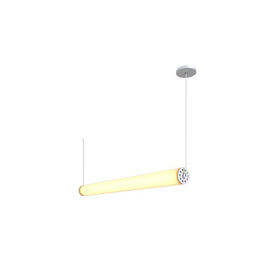 Alcon 12168-1-H-P, suspended linear pendant light shown in silver finish and with a central cylindrical lens.