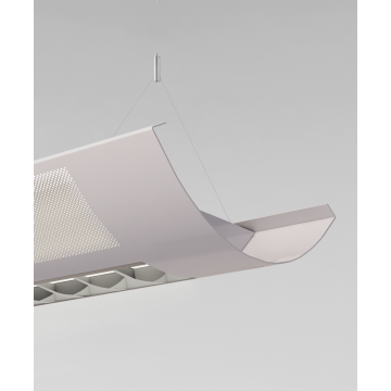 Alcon 12030-P-VE half-moon shaped suspended pendant light shown in Silver finish with perforated side lights and central curved louvered lens.