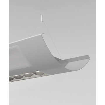 Alcon 12030-P-VE half-moon shaped suspended pendant light shown in Silver finish with perforated side lights and central curved louvered lens.