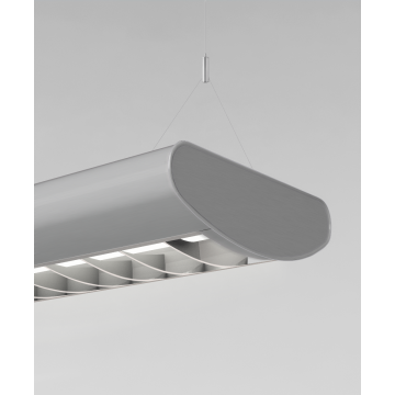 Alcon 12031-P-VE rounded half-moon shaped suspended pendant light shown in steel finish with central curved louvered lens.