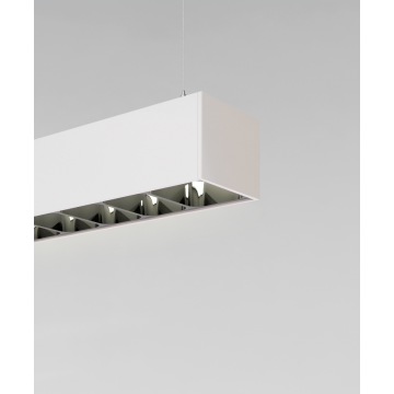 Alcon 12100-23-P-LVR pendant light shown with metal louvers, white finish, and a concealed lens.