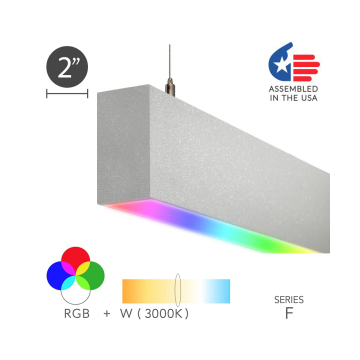 12100-23-P-RGBW suspended pendant light shown with white finish, a flush lens, and color changing capabilities