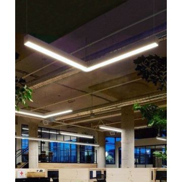 Alcon 12100-20-P-L L-shaped suspended pendant light shown in white finish with a flushed lens.