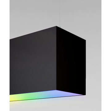 12100-66-P-RGBW suspended pendant light shown with black finish, a flush lens, and color changing capabilities 