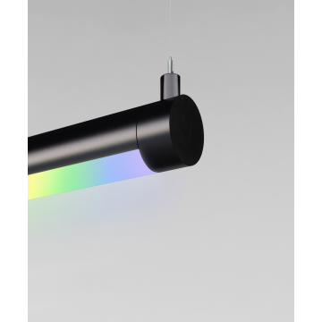 Alcon 12100-R2-P, round suspended pendant light shown in satin black finish and with a flushed curved lens, and color changing capabilities. 