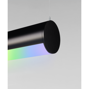 Alcon 12100-R4, round pendant light shown in satin black finish and with a flushed, curved lens, and color changing capability.