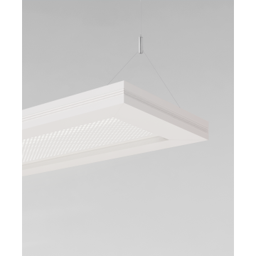 Alcon 12112-P, slim rectangular pendant light shown in white finish with Y-cable suspension and glare resistant  lens.