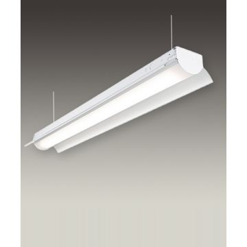 Alcon 12114-P, suspended linear pendant light shown in black finish with curved side directors, and a curved ribbed bottom lens.
