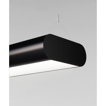 Alcon 12146-P, pill shaped suspended pendant light shown in satin black finish and with a central flushed lens.