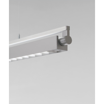 Alcon 12160-P-LDI, suspended linear pendant light shown in silver finish and with a rotating boxed louvered  lens.
