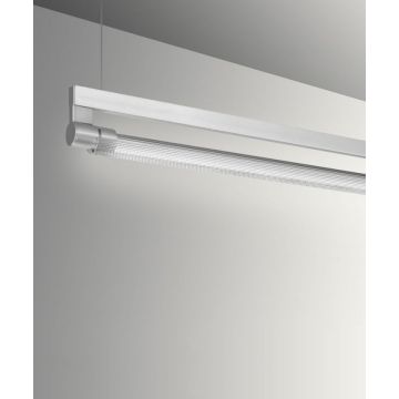 Alcon 12160-P-PD, suspended linear pendant light shown in silver finish, with a rotating cylindrical half-lite lens, and a curved perforated wall washing lens cap.