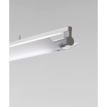 Alcon 12160-P-PDI, suspended linear pendant light shown in silver finish and with a wide curved perforated bottom lens.