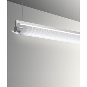 Alcon 12160-P-PDI, suspended linear pendant light shown in silver finish and with a wide curved perforated bottom lens.