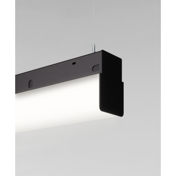 Alcon 12171-P, slim, rectangular bottomed, suspended pendant light shown in satin black finish and with a side wrapping flushed lens.